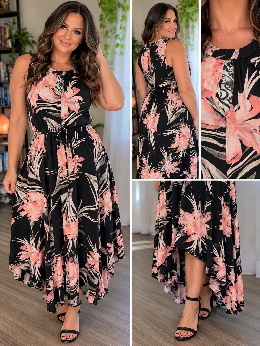 Suzy Shier Black Maxi Dress with Coral Floral Print